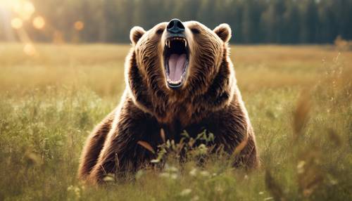 햇볕이 잘 드는 초원 한가운데에서 하품하는 피곤한 갈색 곰의 그림입니다.