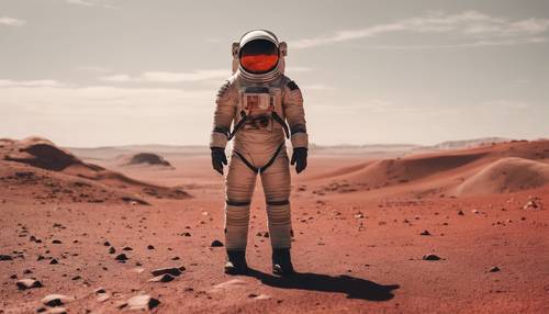 一位孤獨的太空人站在火星的紅色沙漠上，憧憬著新的疆域。