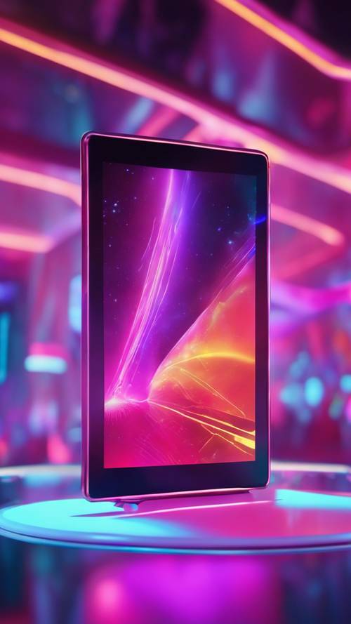 An ultra-modern tablet with a holographic touch screen floating in a futuristic, vividly colored neon environment.