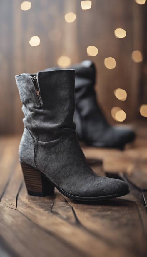 Dark grey textured ankle boots on a wooden floor.