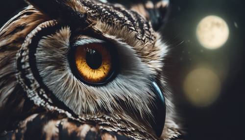 A photo of an owl's eye reflecting a cool moonlit night, showing the forests in the background.