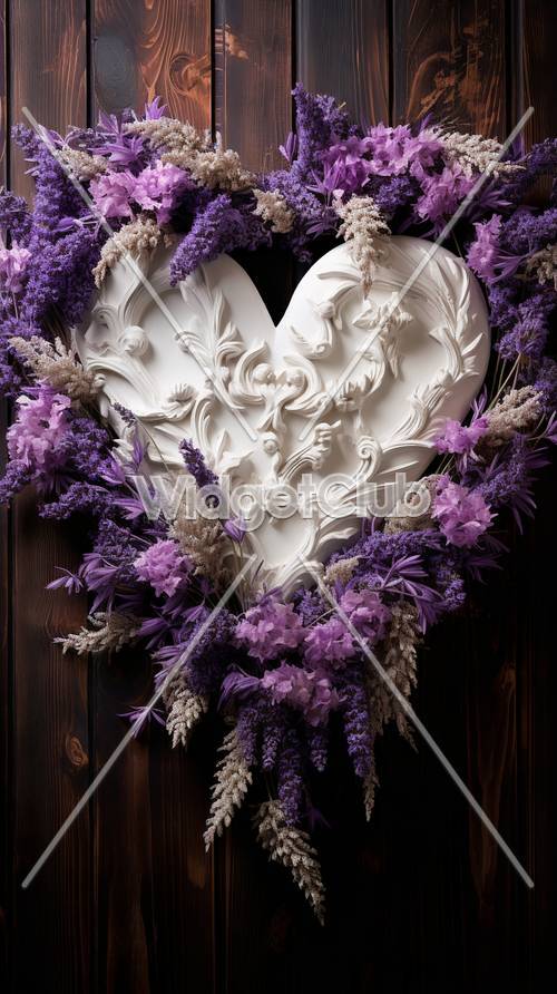 Heart-Shaped Relief and Purple Flowers Design