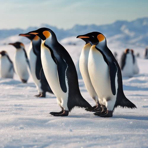 Buzlu, kar beyazı bir manzara üzerinde paytak paytak yürüyen bir grup penguen.