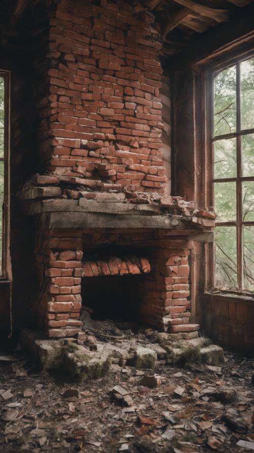 A crumbling red brick fireplace in an abandoned woodland cabin.