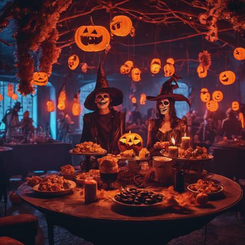 A Halloween party scene under eerie neon lights".