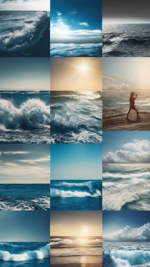 Mavinin tonlarını taşıyan, deniz ve gökyüzünü gösteren fotoğraflardan oluşan bir kolaj.