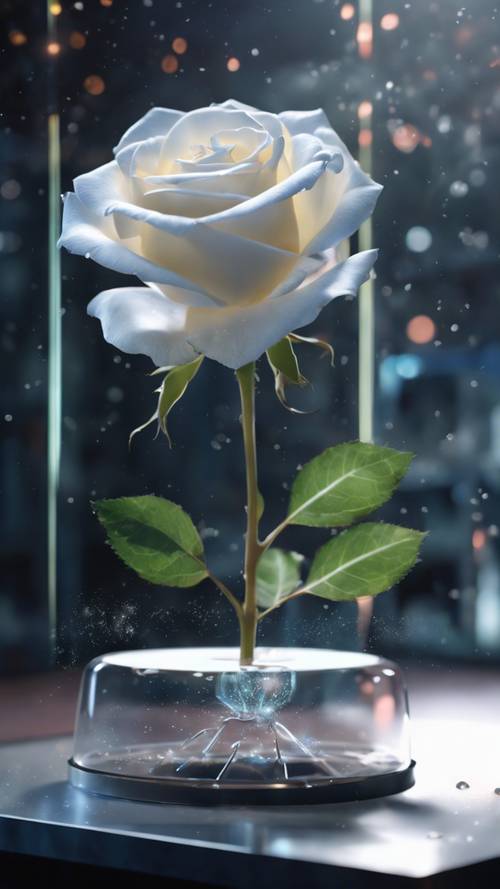 Голограмма сияющей белой розы, парящая в воздухе внутри высокотехнологичной научной лаборатории.
