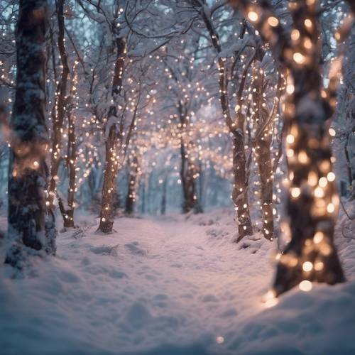 Una vista panorámica de un místico bosque invernal, iluminado por cientos de luces navideñas kawaii.