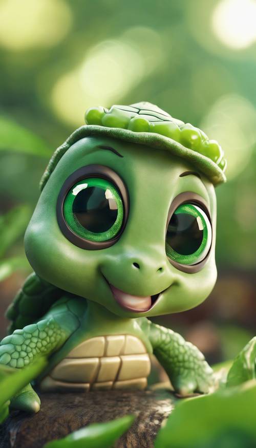 A cute, animated turtle character with glistening eyes and a bright green shell.