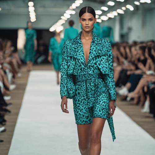 A fashion show runway where models are strutting Teal Cow print outfits. Tapet [9ee2026935c64cfe9686]