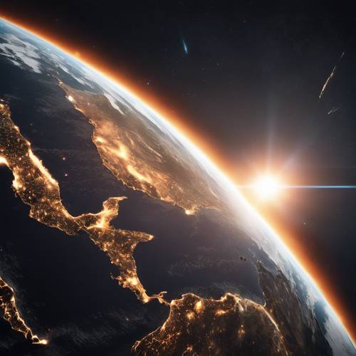 Вид на Землю из космоса: восходящее солнце бросает на планету оранжевое сияние, а вокруг темнота космоса.