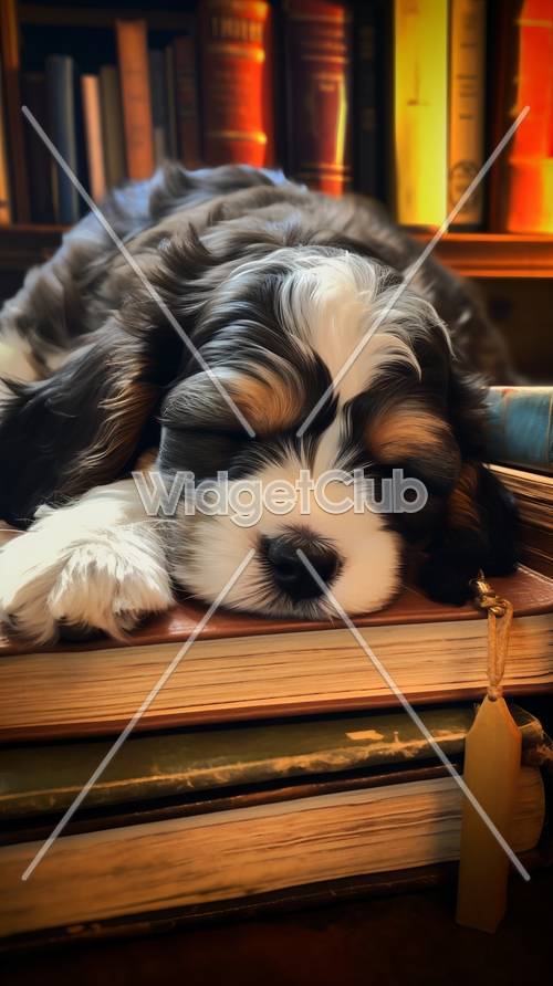 本の上で眠る眠たい子犬