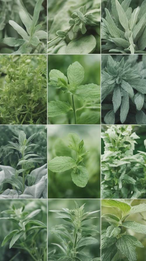A collage of various herbs and plants, all in a soothing shade of sage green. Tapeta [e5aee25c4bb341eab538]