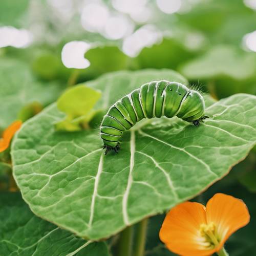 一只毛毛虫正在鲜绿色、圆形的旱金莲叶子上爬行。