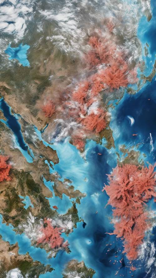 Blue Marble Earth adorned with vibrant coral reefs as seen from space.