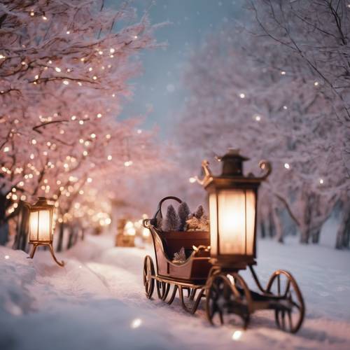 A sleigh ride through a wintry landscape lit by soft rose gold lanterns. Wallpaper [779668fde42d4d95b349]