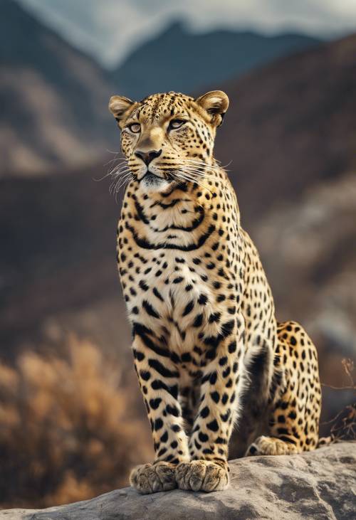 Seekor macan tutul emas berdiri dengan bangga di tebing gunung di hari yang berangin