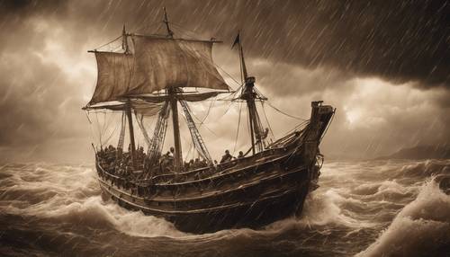 Zdjęcie w odcieniach sepii przedstawiające starożytnych marynarzy nawigujących statkiem podczas groźnej burzy.