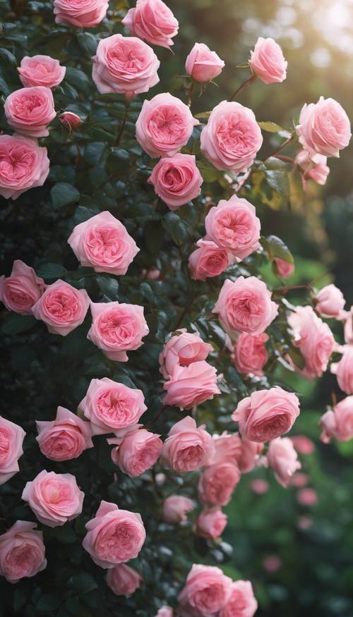 Красивый сад, полный только розовых роз в полном цвету.