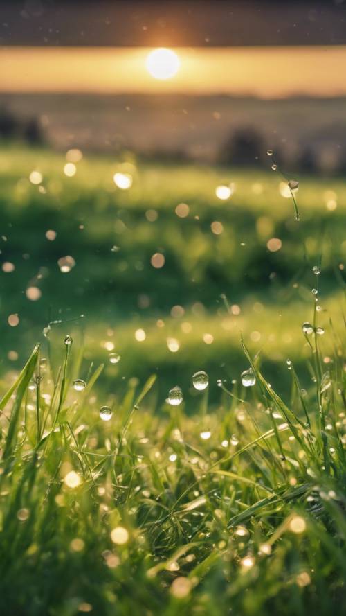 A beautiful sunrise over a green meadow, where dew drops sparkle on the vibrant grass.