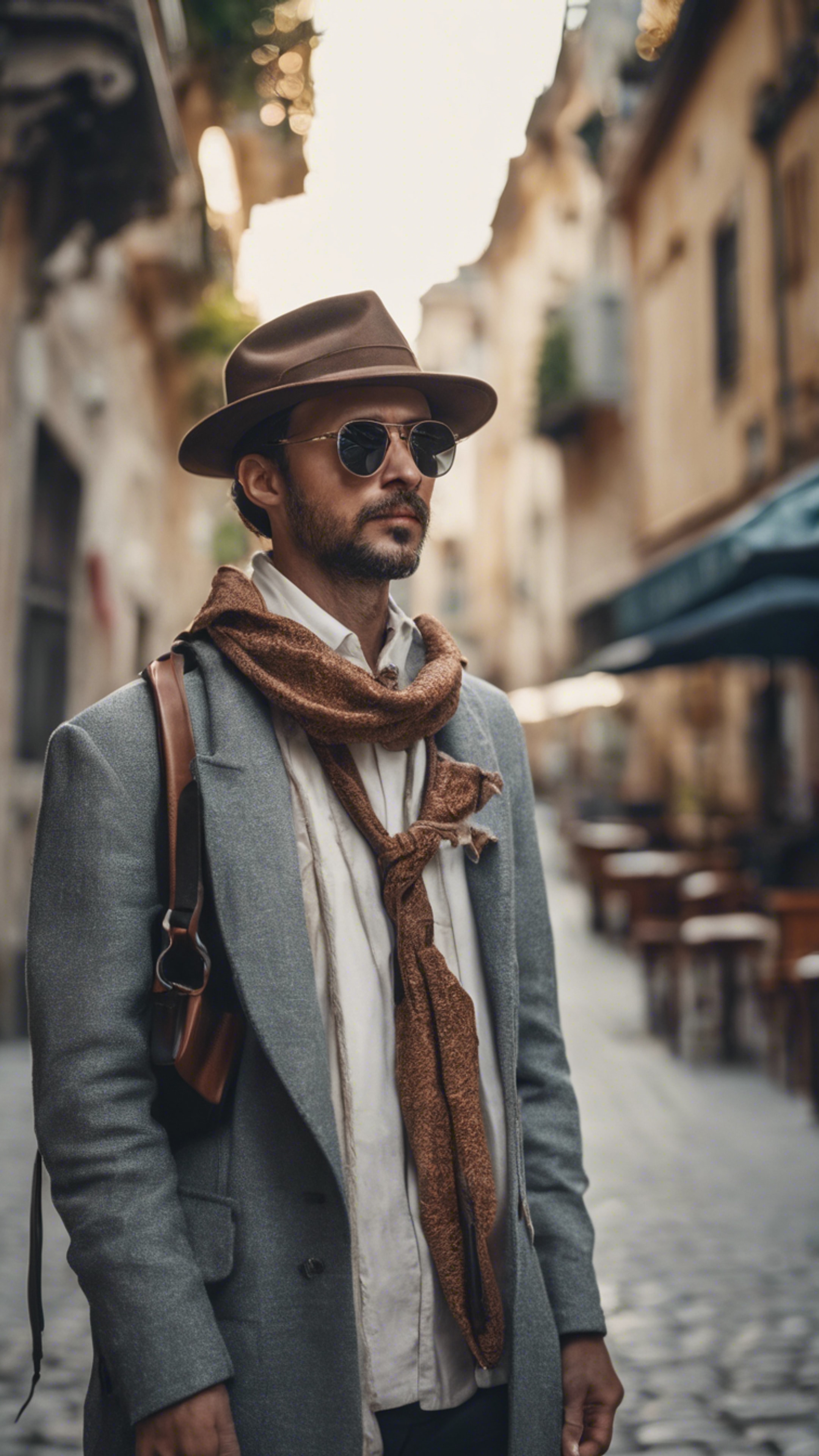 A man in a fashionable outfit with a camera around his neck wandering in a beautiful foreign city. Wallpaper[ec7e7192f25d407f8b2b]