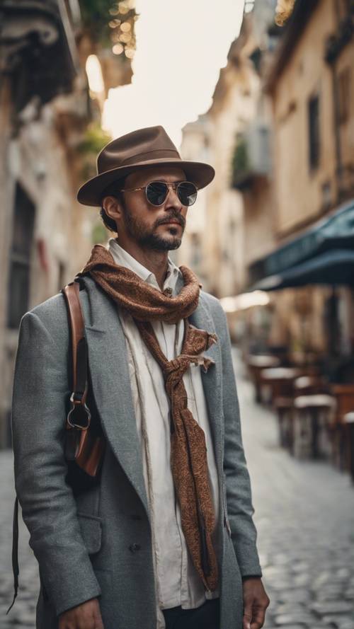 Seorang pria berpakaian modis dengan kamera di lehernya berkeliaran di kota asing yang indah.