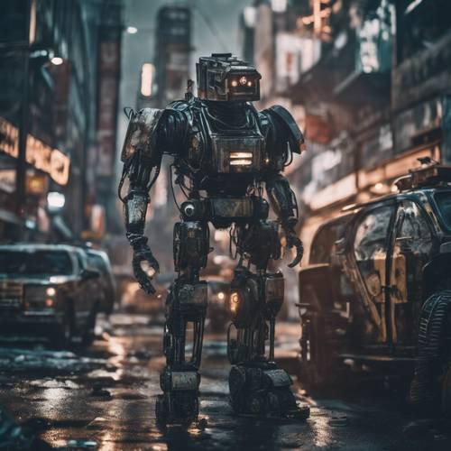 A grungy, dystopian cityscape filled with terrifying robotic law enforcement.
