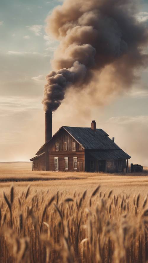 Geniş buğday tarlalarıyla çevrili, bacasından duman çıkan bir Batı çiftliğinin sabahın erken saatlerindeki görüntüsü.