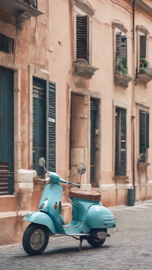 A vintage vespa parked in front of a pastel-colored building in Rome.