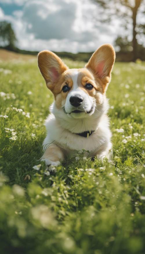 Wyluzowany szczeniak corgi leniwie wyleguje się na zielonej łące w słoneczny dzień.