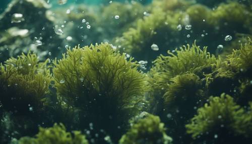 Pemandangan bawah air dengan rumput laut berwarna hijau tua bergoyang lembut.
