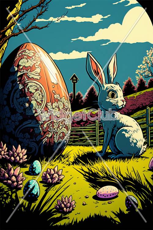 色彩繽紛的春田裡的兔子和巨型復活節彩蛋