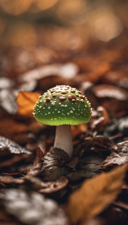 A tiny green mushroom peeking out from fallen autumn leaves. Tapet [c369306a77d042e19085]