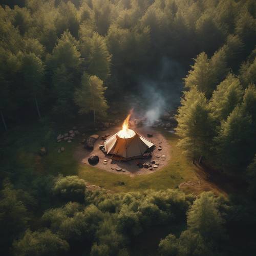 Une vue aérienne tranquille d’une clairière forestière, avec un feu de camp vacillant et une tente confortable installée à côté d’un ruisseau babillant.