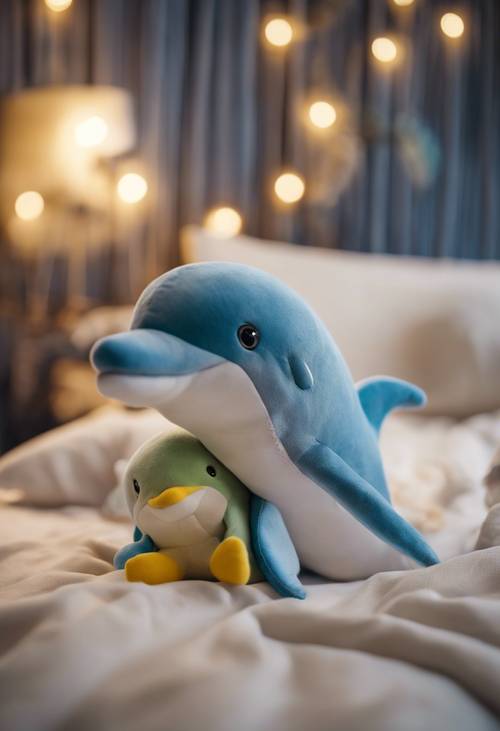 A pair of cute plushie dolphin toys with tiny Pisces zodiac badges stitched on, resting on a child's bed.