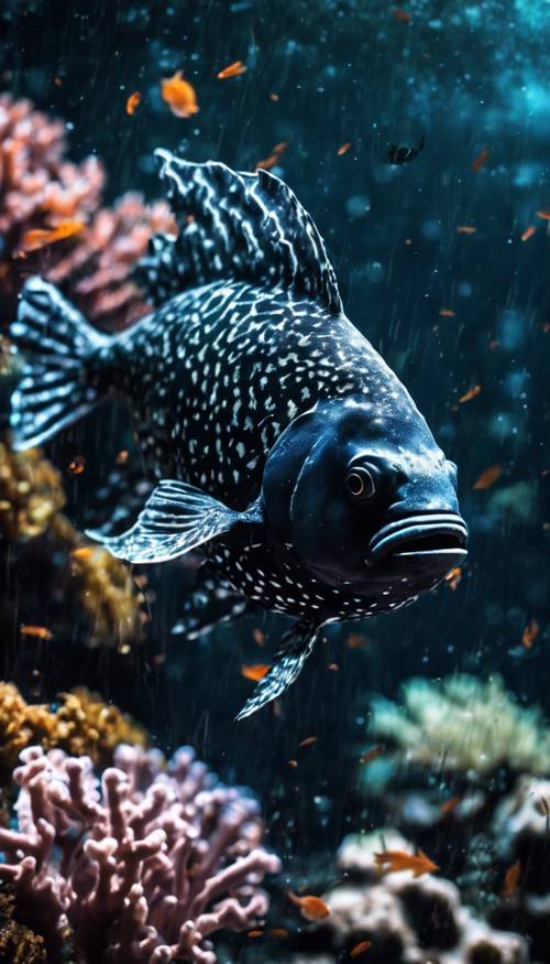 Un pesce nero con scaglie luminose che nuota vicino ai coralli scuri al chiaro di luna.