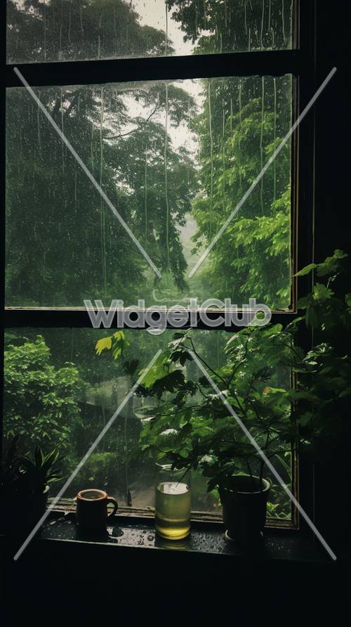Vista della foresta di una giornata di pioggia da una finestra