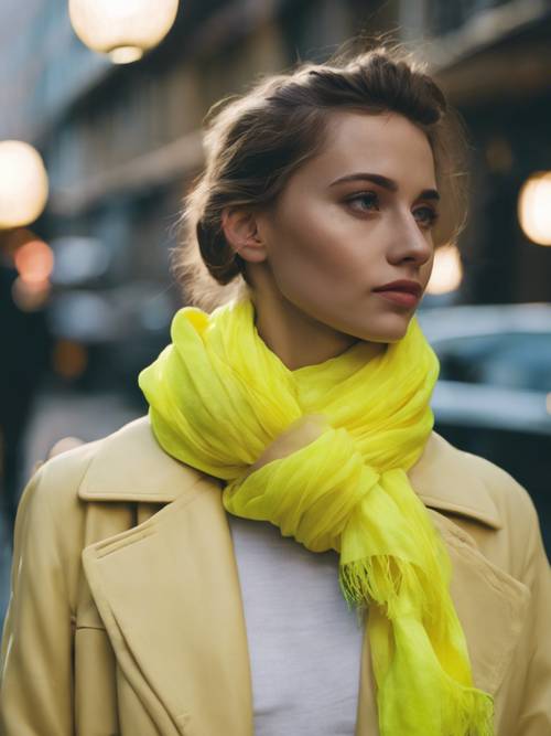 Um lenço amarelo neon amarrado elegantemente no pescoço de uma mulher.