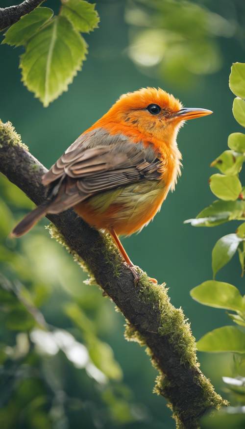 ציפור כתומה קטנה ותוססת יושבת על ענף עץ, מוקפת בעלים ירוקים.