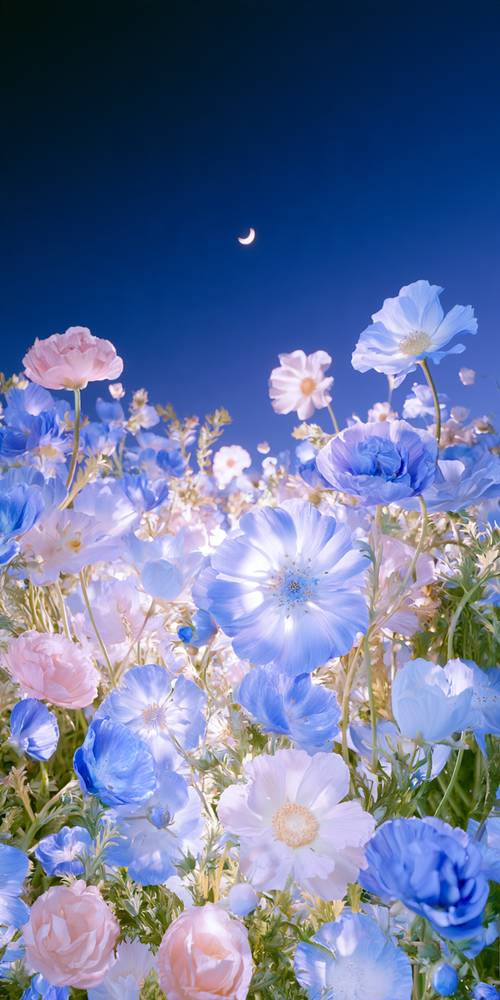 Fiori blu e rosa sotto un cielo luminoso