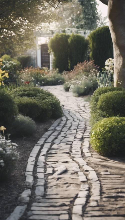 Um caminho rústico de tijolos cinza e branco que serpenteia por um jardim.