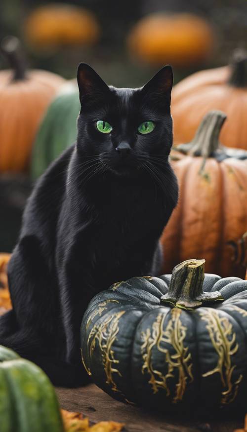 A black cat with bright green eyes perched on a carved pumpkin