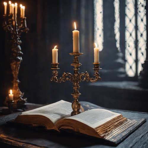 Une bougie blanche solitaire dans un grand candélabre gothique illuminant un tome ancien sur fond noir.