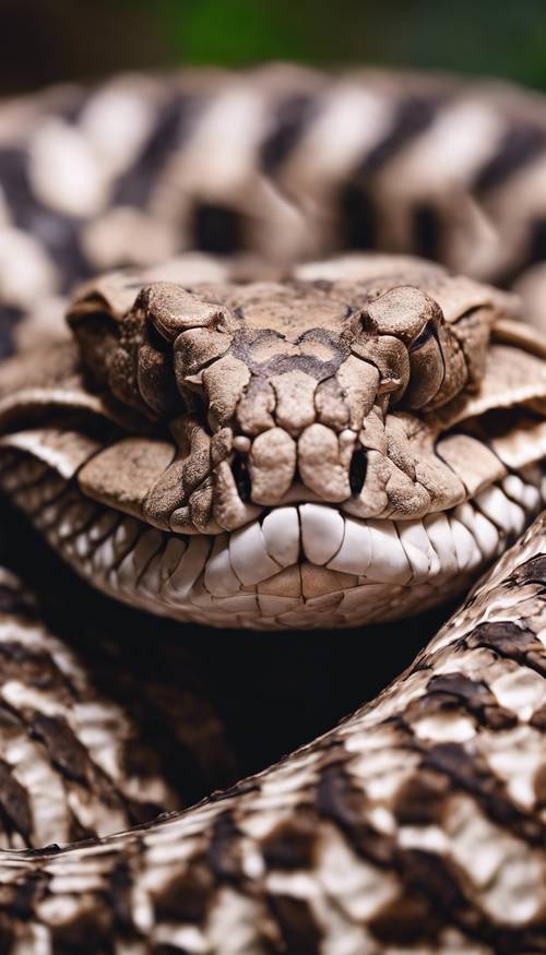 An intimidating encounter with a Gaboon viper, featuring its thick body, rosette pattern, and large fangs.