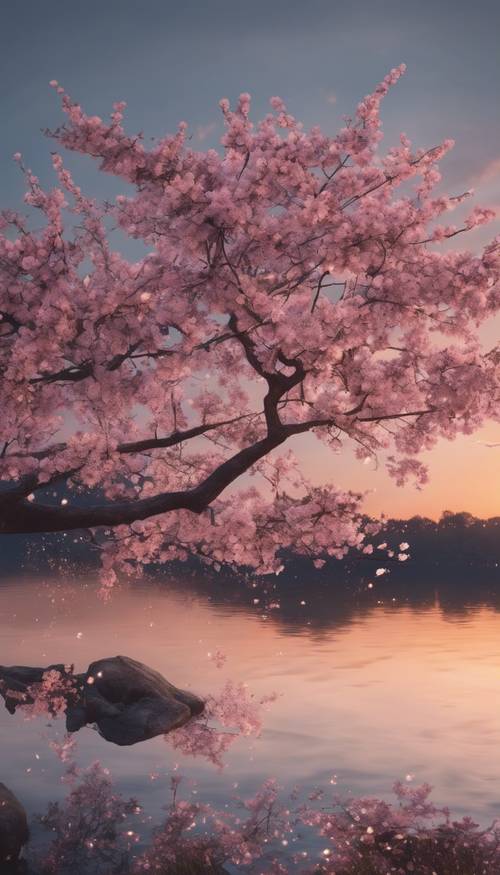 Uma cerejeira em plena floração à beira de um lago sereno sob o céu fresco do crepúsculo.