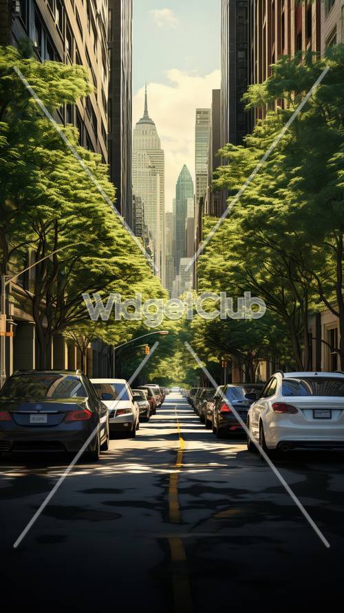 Calle soleada de la ciudad flanqueada por árboles verdes y autos estacionados