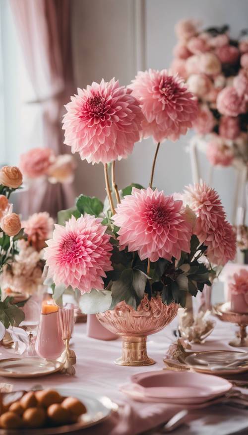 A pink and chic Thanksgiving table center piece made of dahlias and roses.