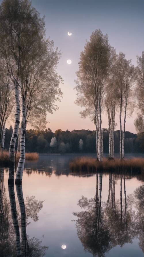 A landscape under a twilight sky, shimmering lakes reflecting the cool white glow of a half moon, with towering silver birch trees standing guard.
