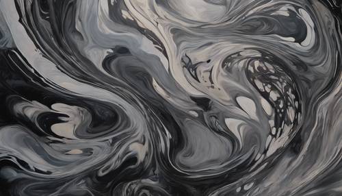 An abstract painting with wild, swirling patterns in black and gray.