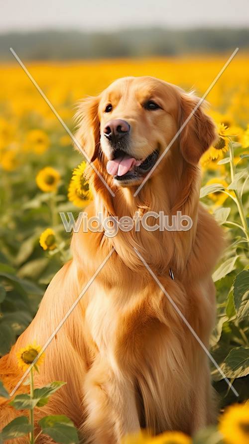 陽光明媚的向日葵田裡的黃金獵犬